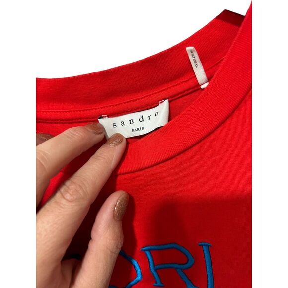 Sandro Crew Neck Short Sleeve Embroidery World Lovers Graphic T-Shirt Red Small - Picture 3 of 10